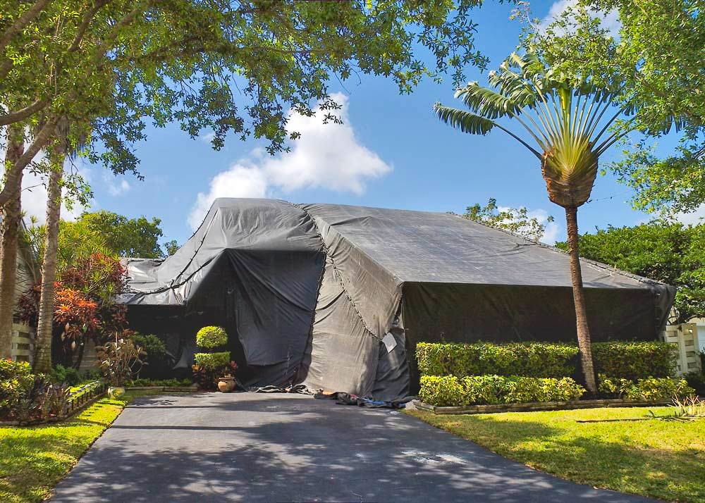 Home wrapped in gray fumigation tarps during a tent fumigation job